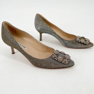 Manolo Blahnik Hangisi Glitter Silver Gold Fabric Crystal Buckle Pumps IT 37